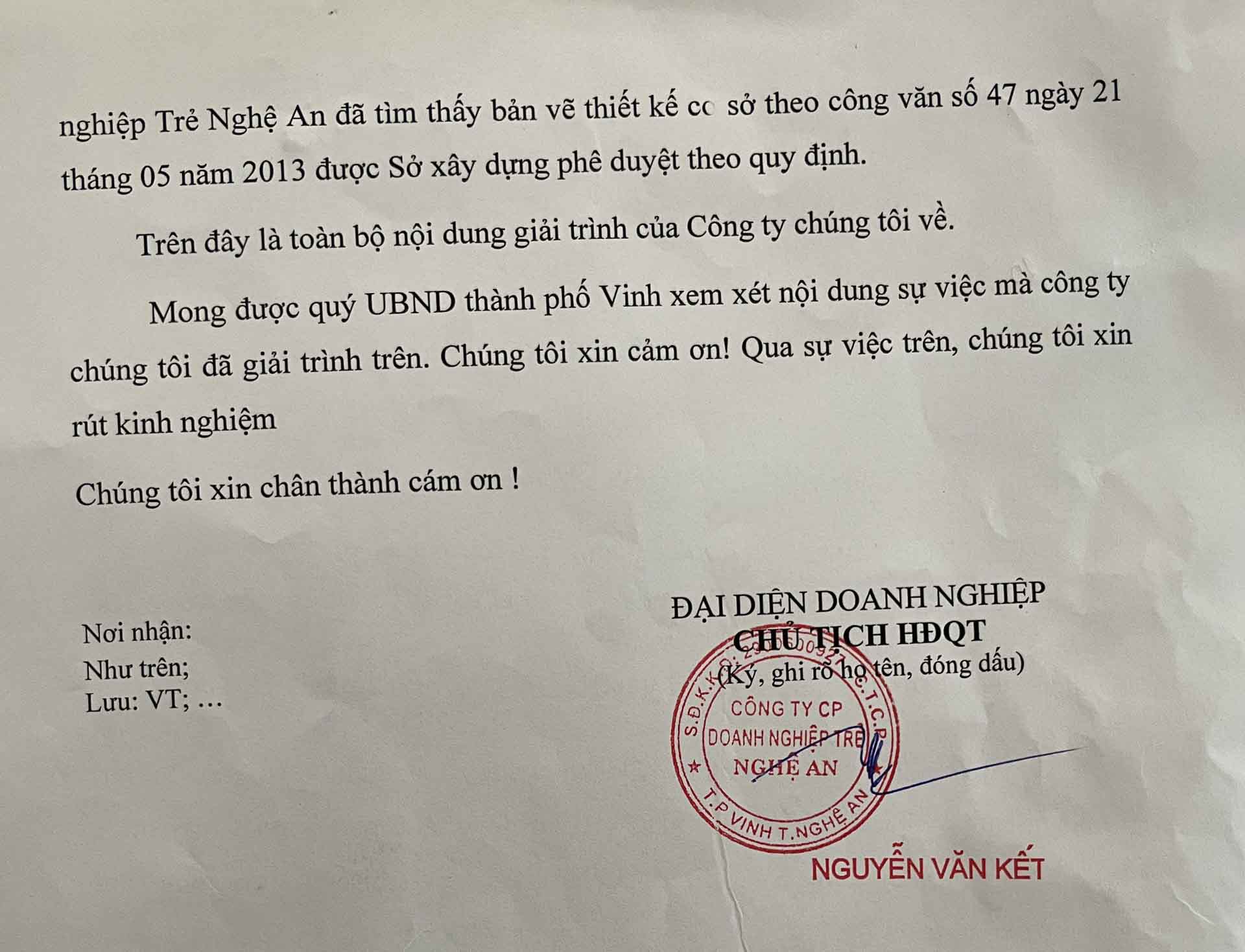 Văn bản giải trình về nguyên nhân bị xử phạt của Công ty cổ phần Doanh nghiệp Trẻ Nghệ An. Ảnh: Quang Đại